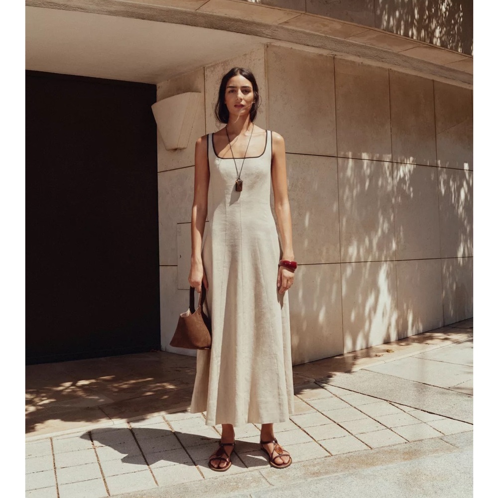 ZARA LIGHT BEIGE CONTRAST TRIM  DRESS
